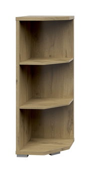 Eckregal aus Holz mit drei offenen Fächern, perspektivisch von vorne links gesehen