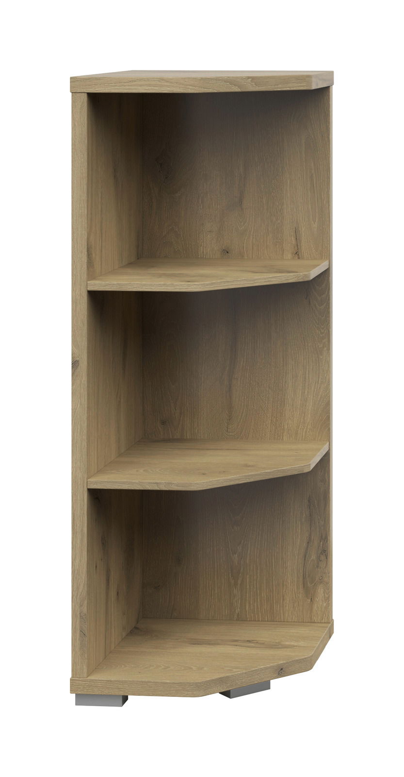 Eckregal aus Holz mit drei offenen Fächern, perspektivisch von vorne links gesehen