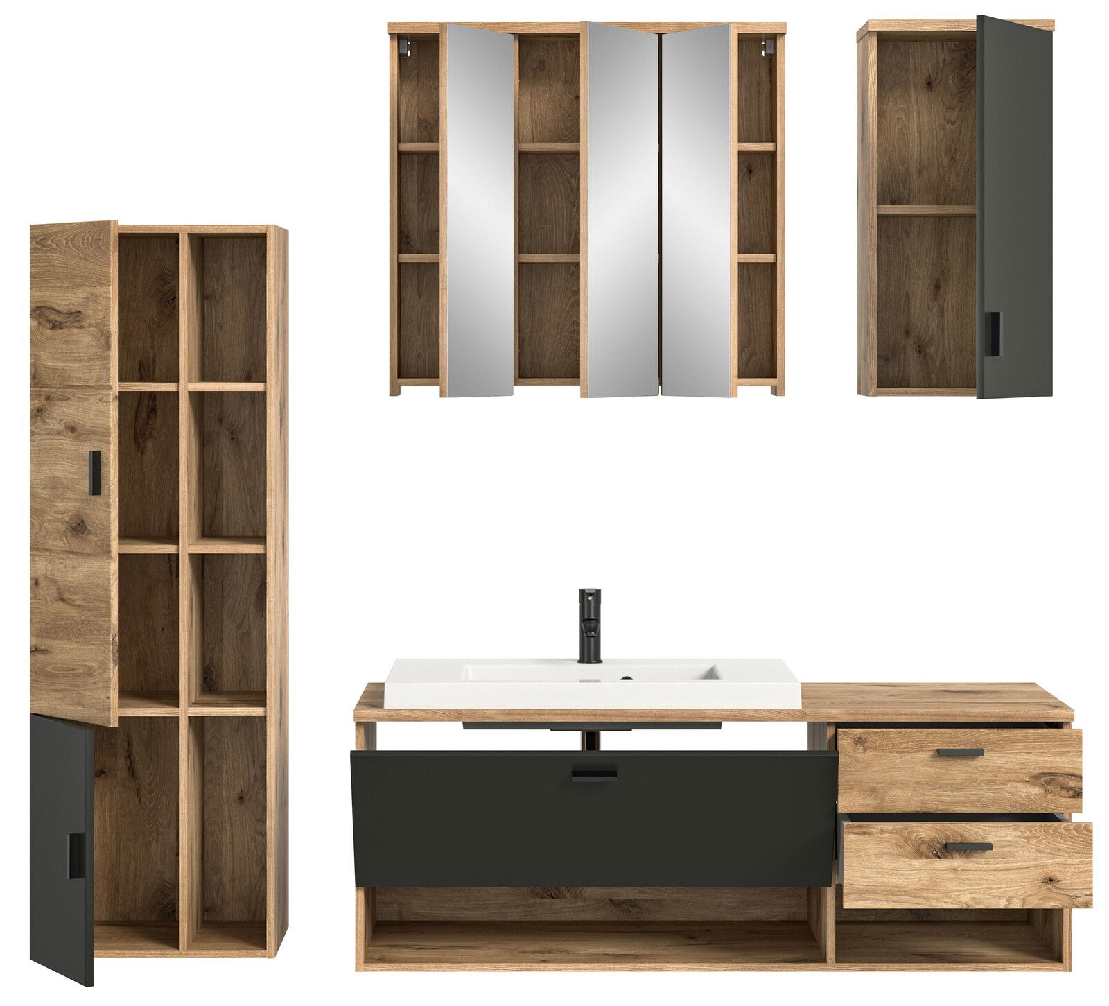 Moderne Badkombination mit Holz- und Spiegelelementen, bestehend aus einem Waschtisch mit Unterschrank, einem hohen Schrank und einem Hängeschrank, aus der Frontansicht.