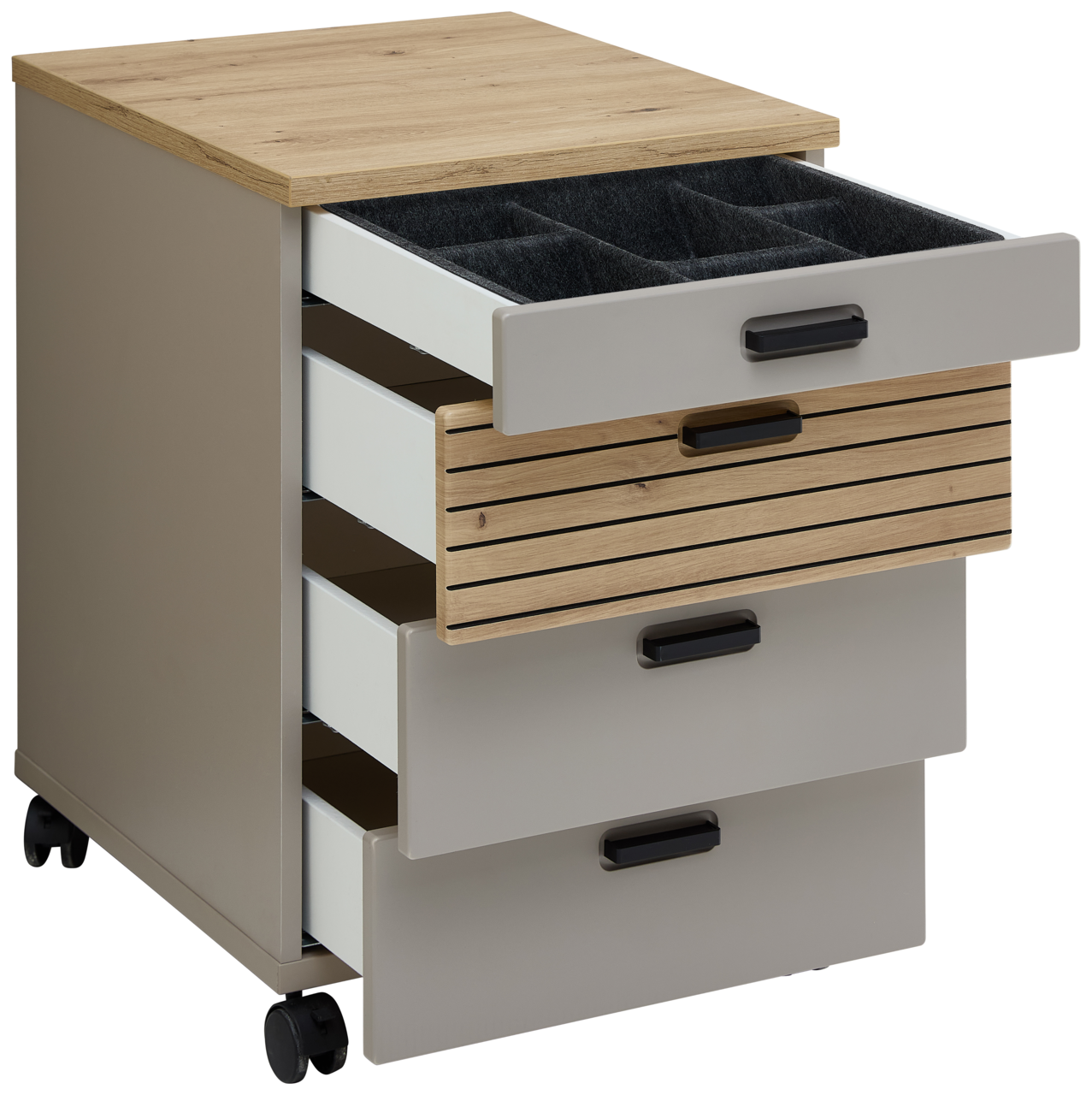 Rollcontainer mit vier Schubladen, teilweise geöffnet, aus Holz und Metall, auf Rollen, seitliche Perspektive