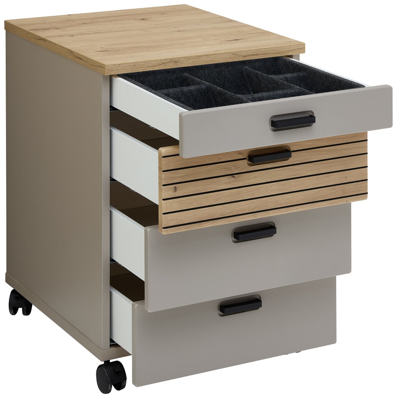 Rollcontainer mit vier Schubladen, teilweise geöffnet, aus Holz und Metall, auf Rollen, seitliche Perspektive