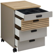 Rollcontainer mit vier Schubladen, teilweise geöffnet, aus Holz und Metall, auf Rollen, seitliche Perspektive