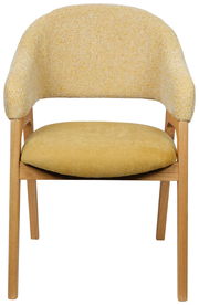 Gelber Armlehnstuhl mit Holzgestell, Vorderansicht