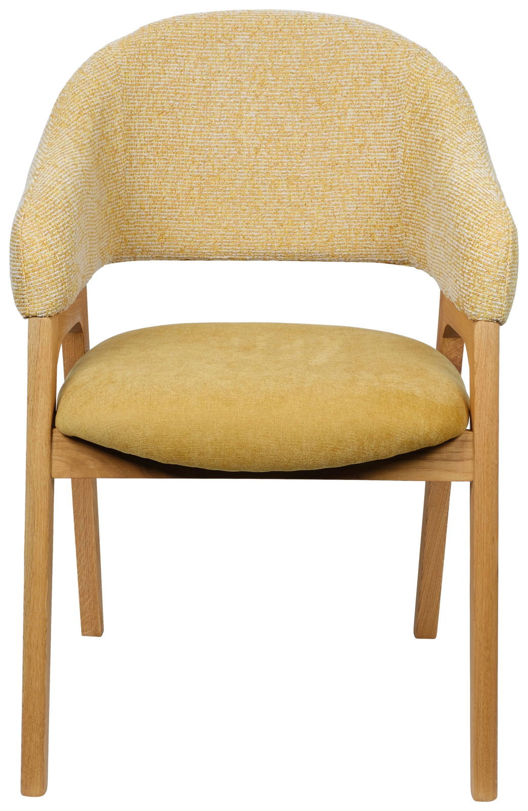 Gelber Armlehnstuhl mit Holzgestell, Vorderansicht