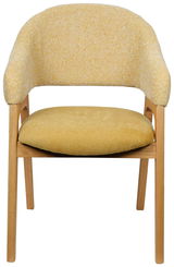 Gelber Armlehnstuhl mit Holzgestell, Vorderansicht