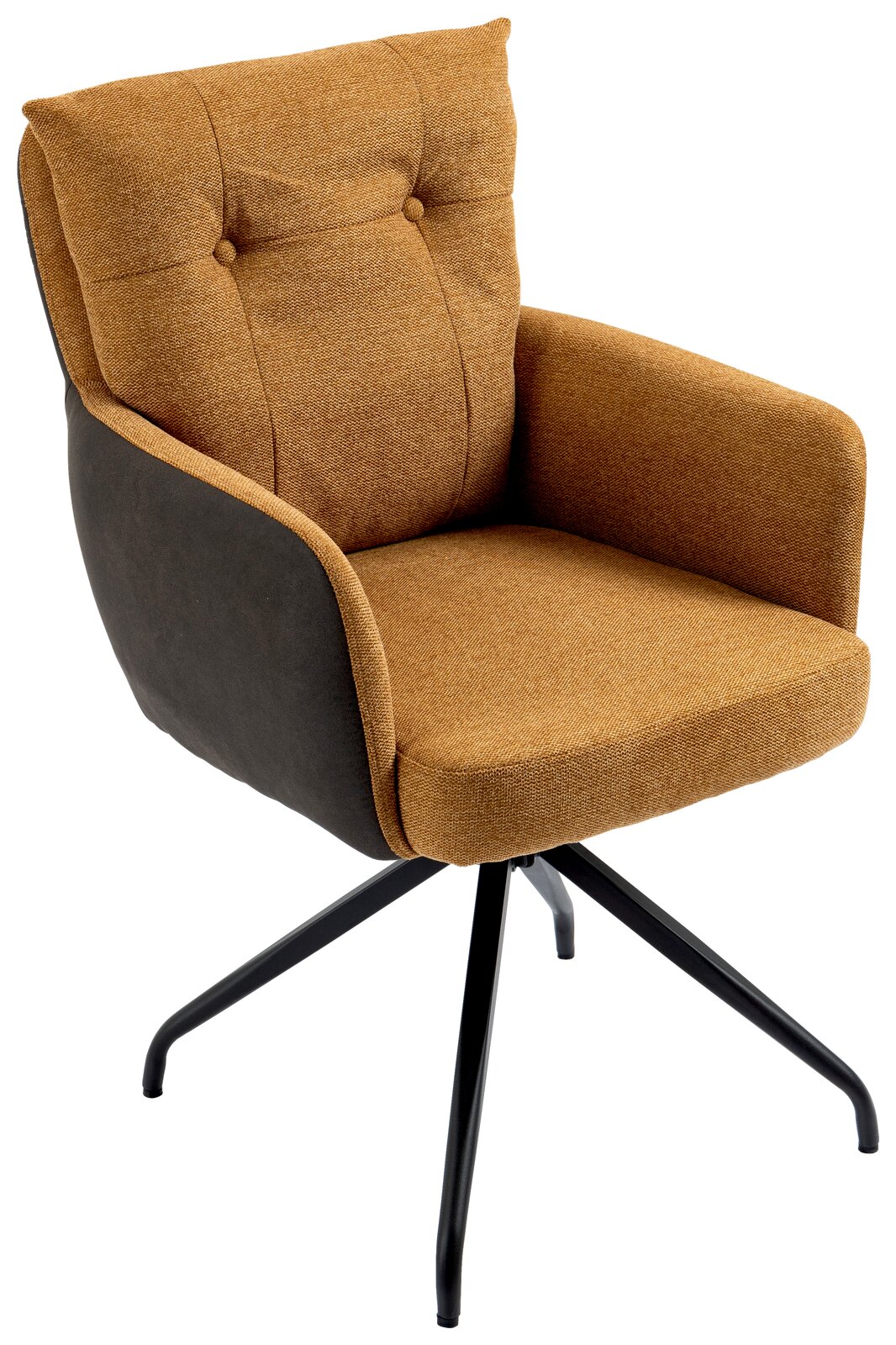 Moderner Sessel mit braunem Stoffbezug und schwarzem Metallgestell, seitliche Perspektive