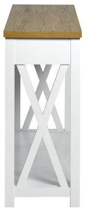 Konsole mit weißem Gestell und Holzplatte, seitliche Perspektive