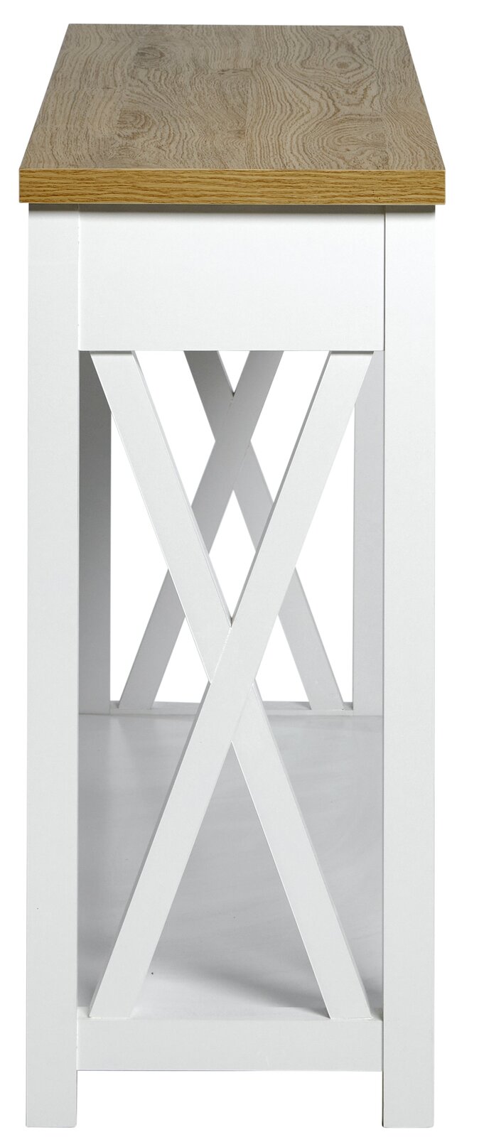 Konsole mit weißem Gestell und Holzplatte, seitliche Perspektive