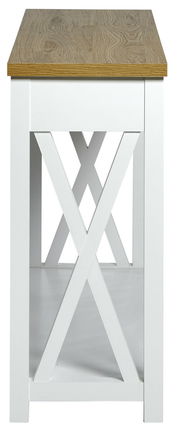 Konsole mit weißem Gestell und Holzplatte, seitliche Perspektive