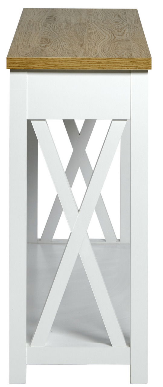 Konsole mit weißem Gestell und Holzplatte, seitliche Perspektive