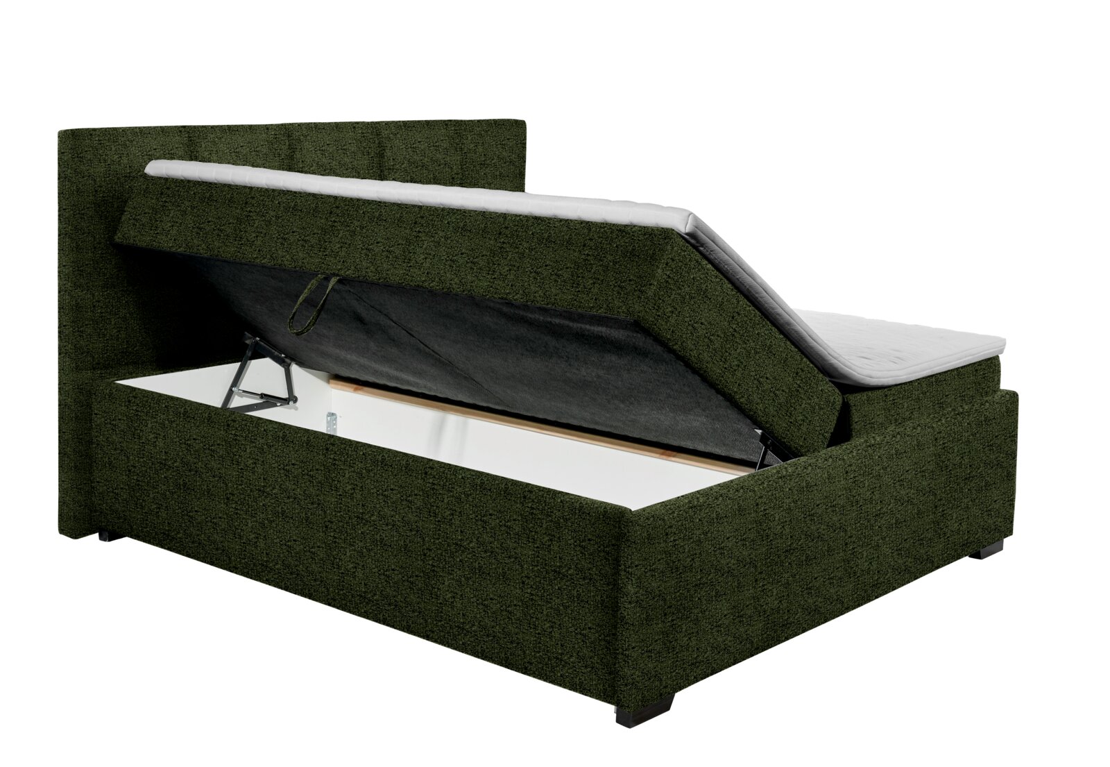 Groen boxspringbed met opklapbaar matras en opbergruimte, zijaanzicht