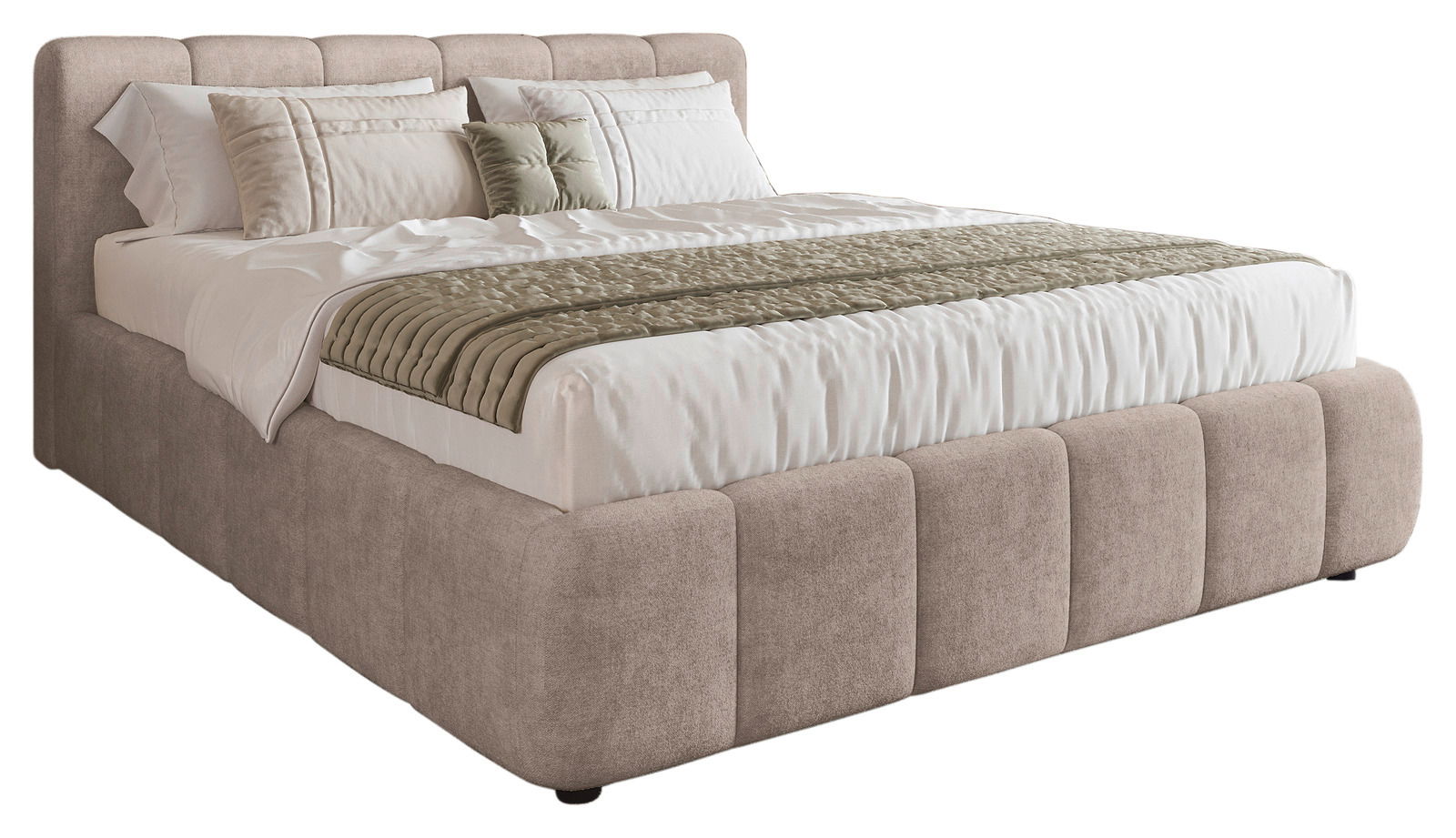 Polsterbettgestell in Beige mit gestepptem Kopfteil, seitlicher Blick