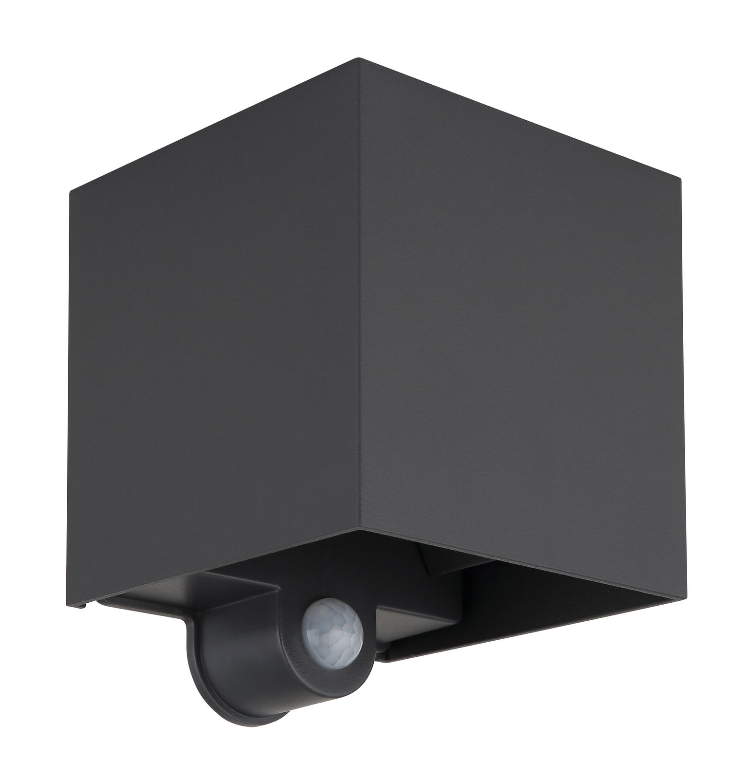 Moderne LED-Außenwandleuchte in kubischer Form mit integriertem Bewegungssensor, seitliche Perspektive