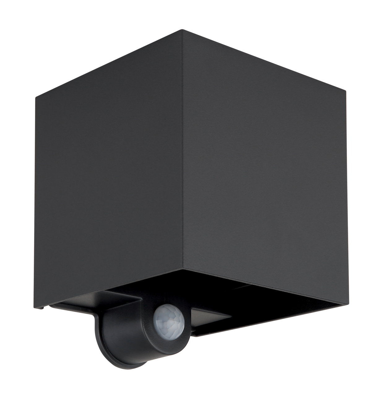 Moderne LED-Außenwandleuchte in kubischer Form mit integriertem Bewegungssensor, seitliche Perspektive