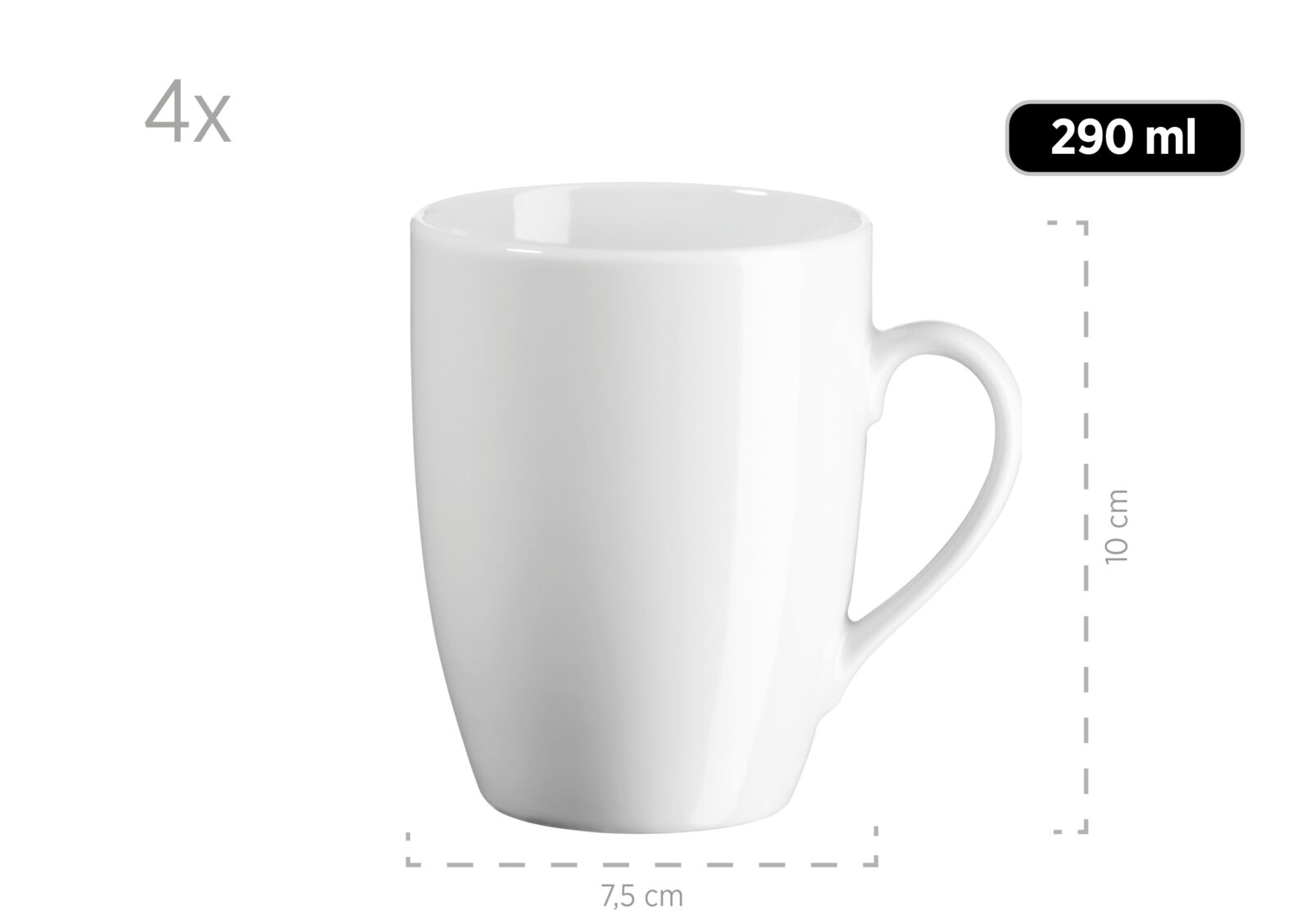 Weiße Keramik-Kaffeetasse mit Henkel, 290 ml Fassungsvermögen, ca. 10 cm hoch und 7,5 cm breit, freigestellt auf weißem Hintergrund, seitliche Ansicht von vorn