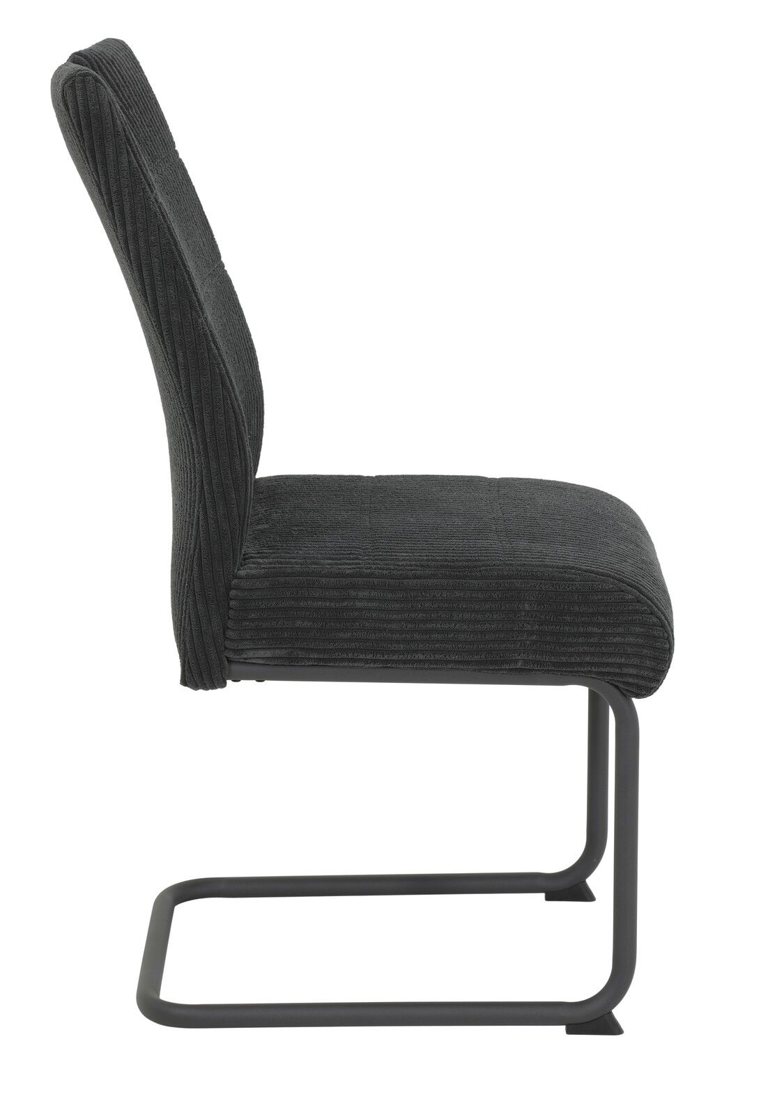 Seitenansicht eines modernen Schwingstuhls mit schwarzem Stoffbezug und Metallgestell.