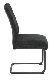 Seitenansicht eines modernen Schwingstuhls mit schwarzem Stoffbezug und Metallgestell.