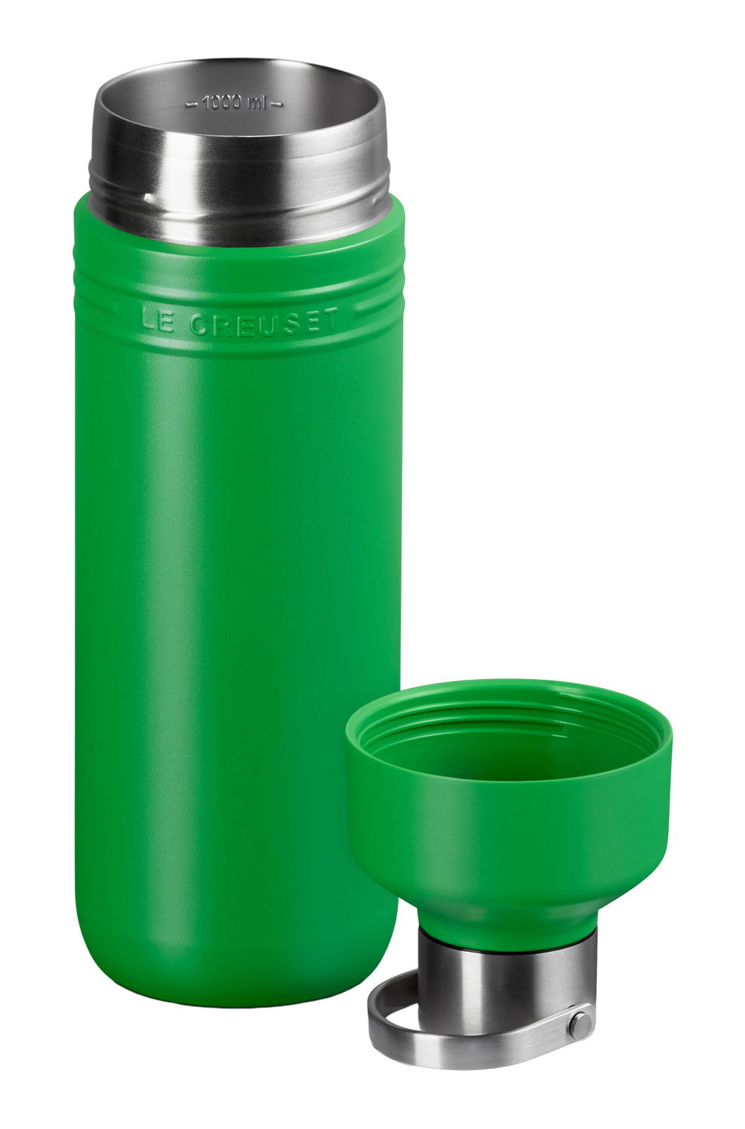 Grüne Trinkflasche aus Edelstahl mit abnehmbarem Deckel, seitliche Ansicht