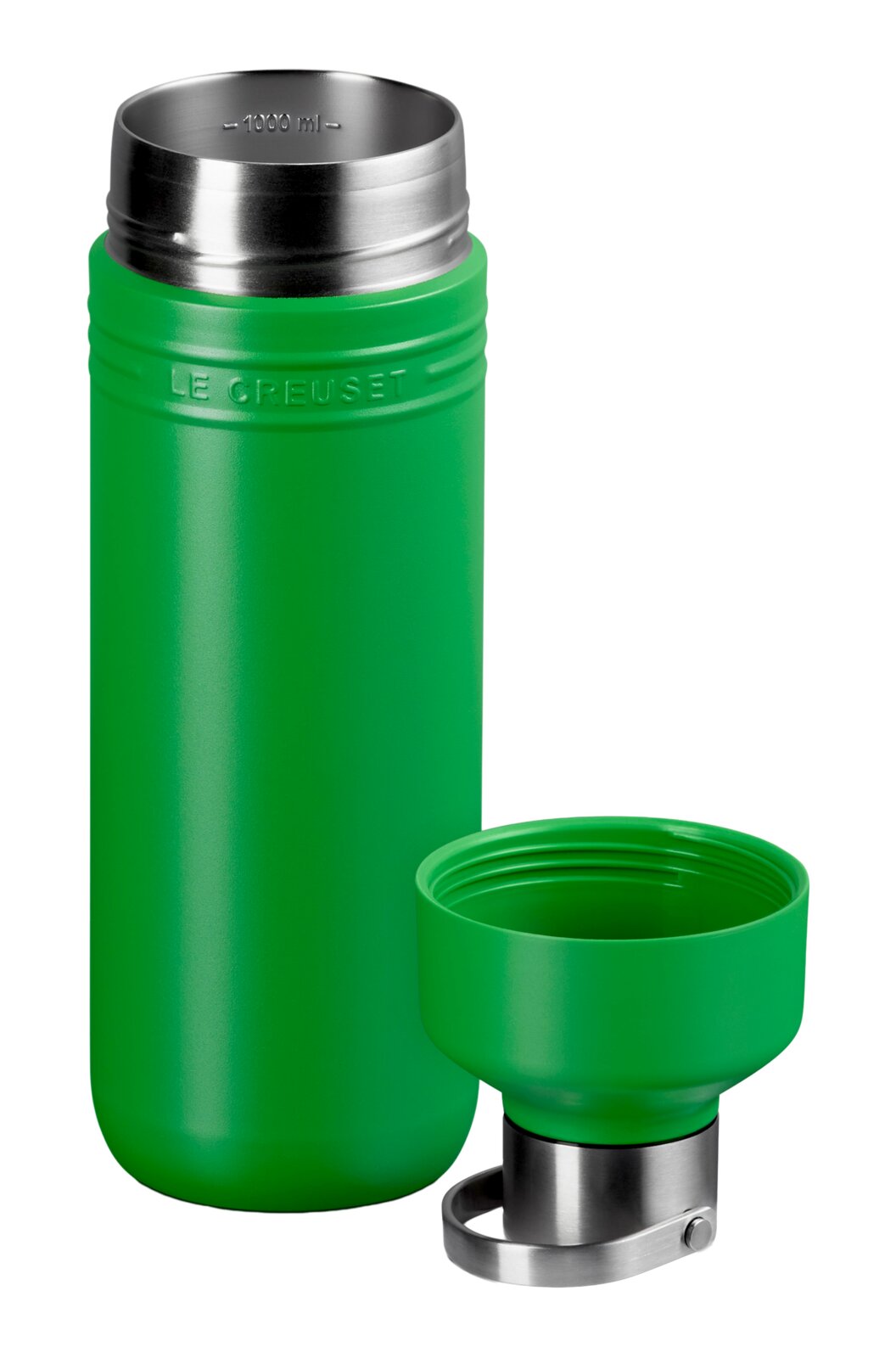 LE CREUSET Trinkflasche Bamboo 1L ON THE GO Grüne Trinkflasche aus Edelstahl mit abnehmbarem Deckel, seitliche Ansicht