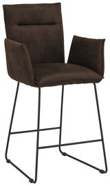 Brauner Tresensessel mit Armlehnen und schwarzem Metallgestell, seitliche Perspektive