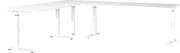 Weißer Eckschreibtisch mit höhenverstellbaren Beinen, seitliche Perspektive
