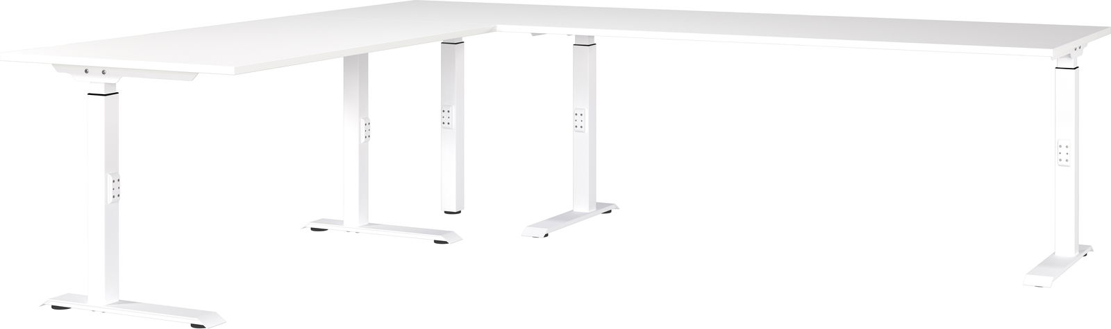 Weißer Eckschreibtisch mit höhenverstellbaren Beinen, seitliche Perspektive