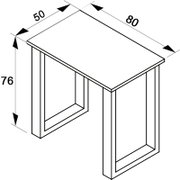 Technische Strichzeichnung eines rechteckigen Tisches mit Maßeintragung 80 x 50 x 76 cm, dargestellt in schräger Perspektive von oben (3/4-Ansicht).