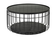 Runder Couchtisch mit schwarzem Metallgestell und Glasplatte, seitliche Perspektive