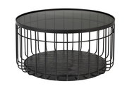 Runder Couchtisch mit schwarzem Metallgestell und Glasplatte, seitliche Perspektive