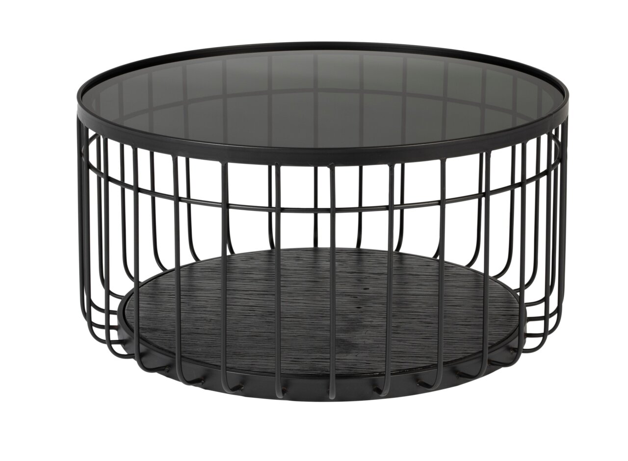 Runder Couchtisch mit schwarzem Metallgestell und Glasplatte, seitliche Perspektive