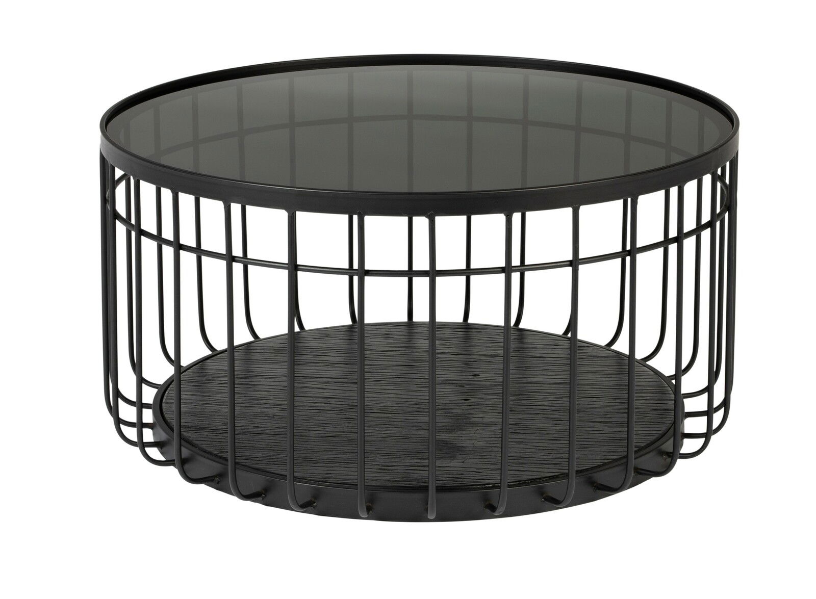 Runder Couchtisch mit schwarzem Metallgestell und Glasplatte, seitliche Perspektive