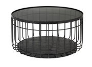 Runder Couchtisch mit schwarzem Metallgestell und Glasplatte, seitliche Perspektive