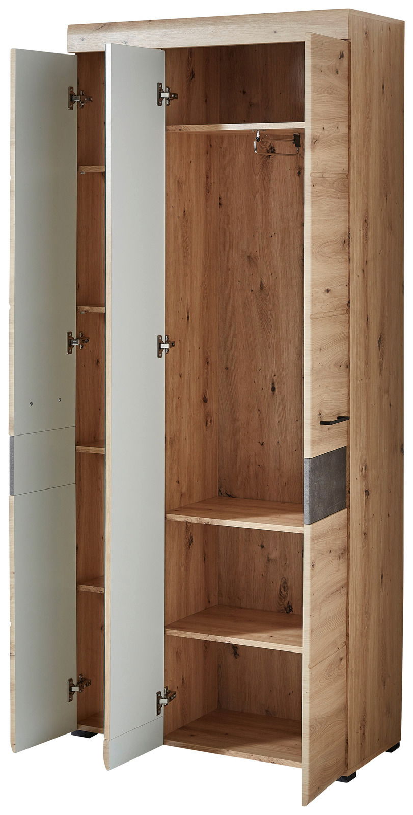 Offener Garderobenschrank aus Holz mit zwei Türen, mehreren Regalböden und Kleiderstange, Perspektive von vorne links.