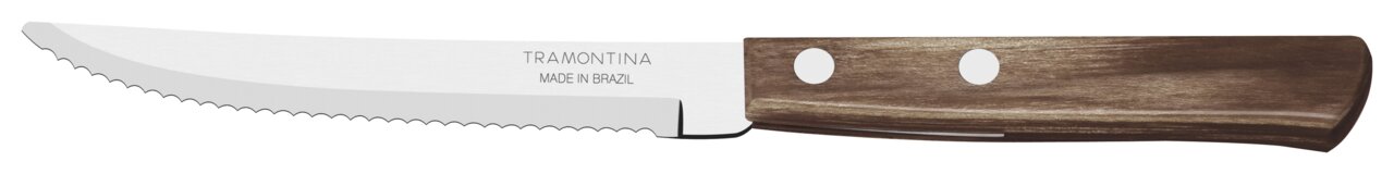 Steak- und Pizzamesser mit gezackter Klinge und Holzgriff, seitliche Ansicht