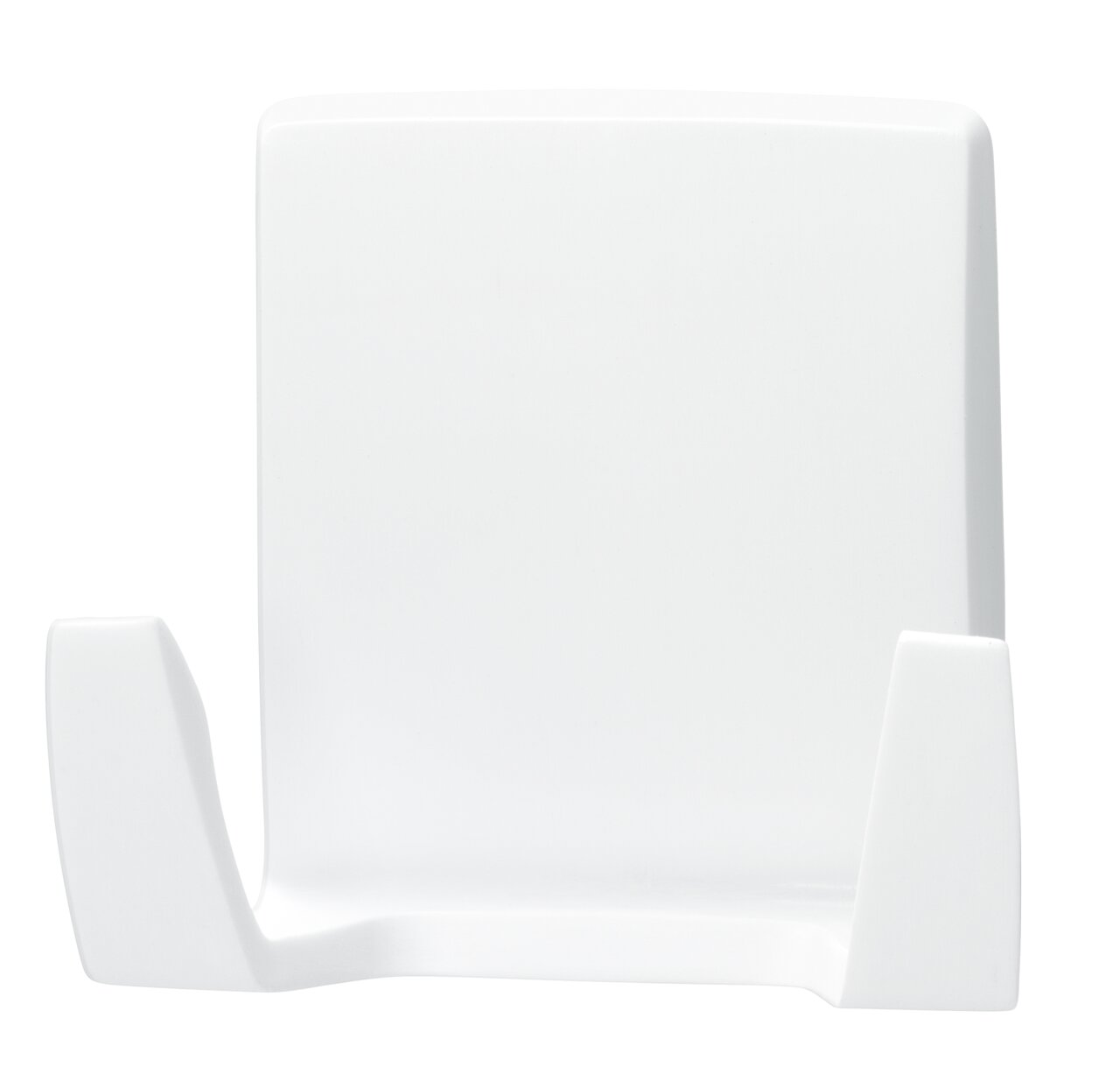 Weißer Wandhaken aus Kunststoff, frontal abgebildet, geeignet für den Einsatz mit tesa Powerstrips Waterproof.