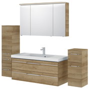 Badezimmermöbel-Set in Holzoptik mit Waschbecken, Spiegelschrank und Stauraum, frontale Ansicht