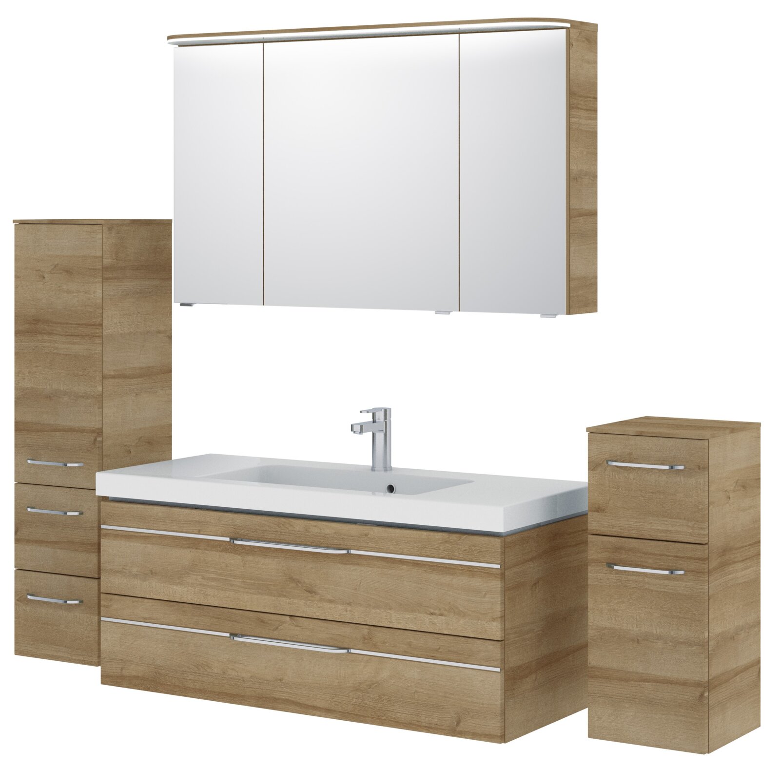 Badezimmermöbel-Set in Holzoptik mit Waschbecken, Spiegelschrank und Stauraum, frontale Ansicht