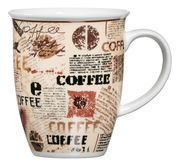 Kaffeebecher mit kreativem, mehrfarbigem Design und Schriftzügen, seitliche Perspektive