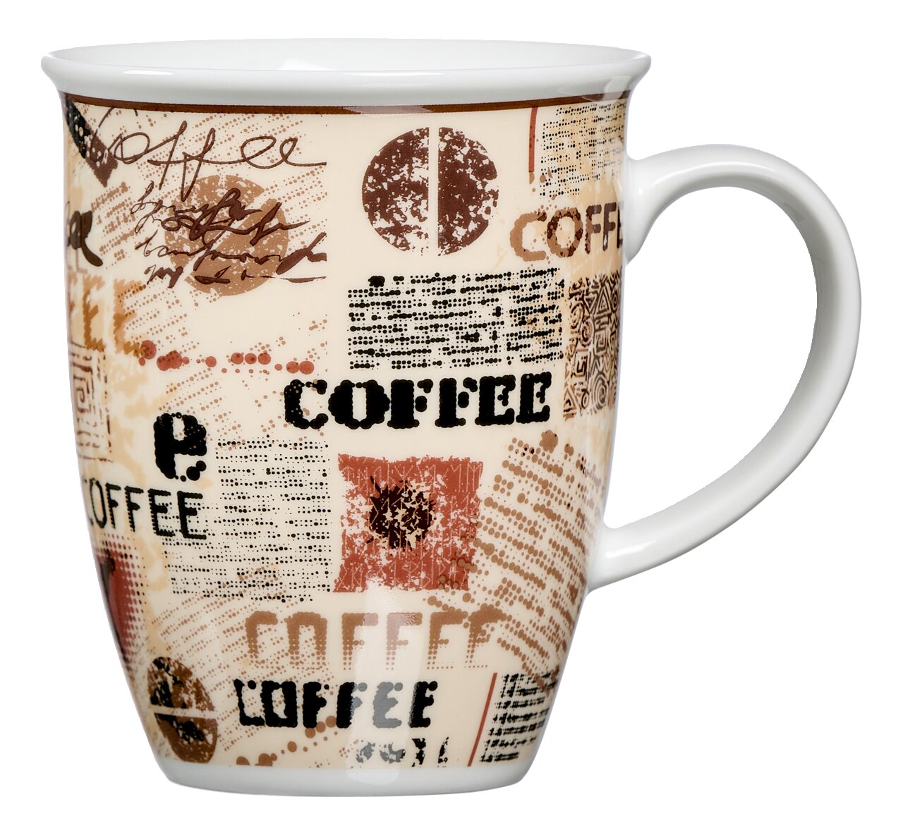 Kaffeebecher mit kreativem, mehrfarbigem Design und Schriftzügen, seitliche Perspektive