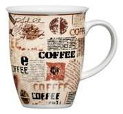 Kaffeebecher mit kreativem, mehrfarbigem Design und Schriftzügen, seitliche Perspektive