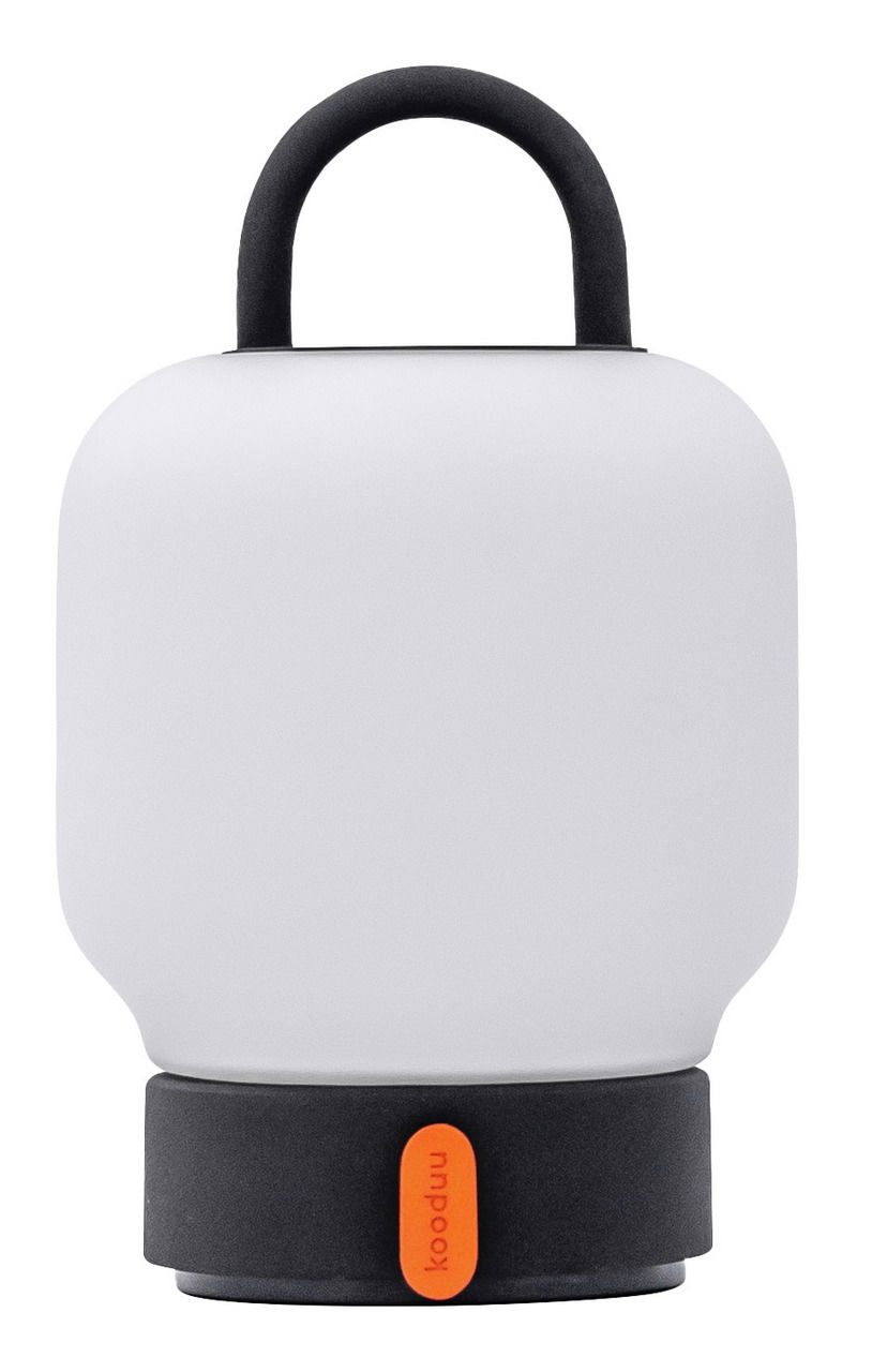 Moderne tragbare Lampe mit anthrazitfarbenem Griff und Sockel, frontal abgebildet.