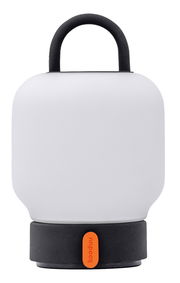 Moderne tragbare Lampe mit anthrazitfarbenem Griff und Sockel, frontal abgebildet.