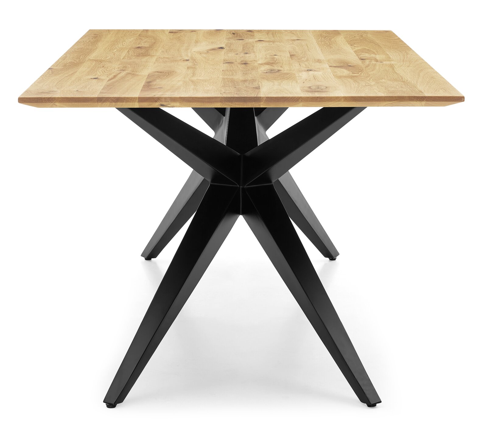 Moderne eettafel met zwart metalen onderstel en lichtgekleurd houten blad, vooraanzicht