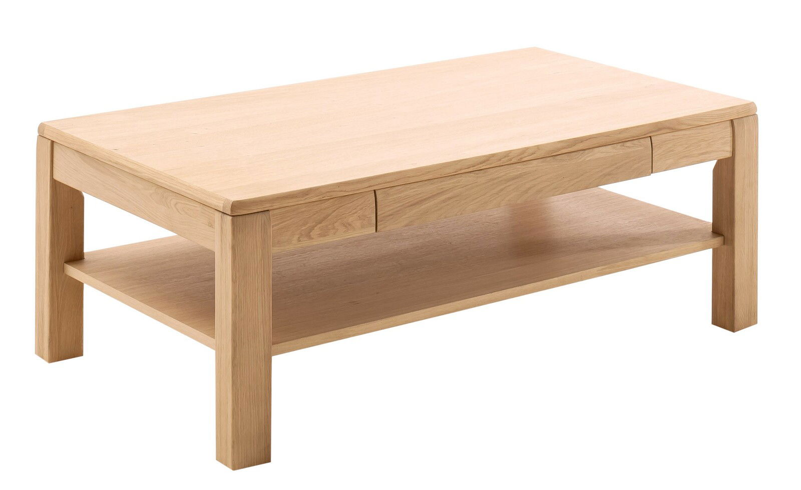 Holz-Couchtisch mit rechteckiger Tischplatte und zusätzlicher Ablagefläche, seitliche Perspektive