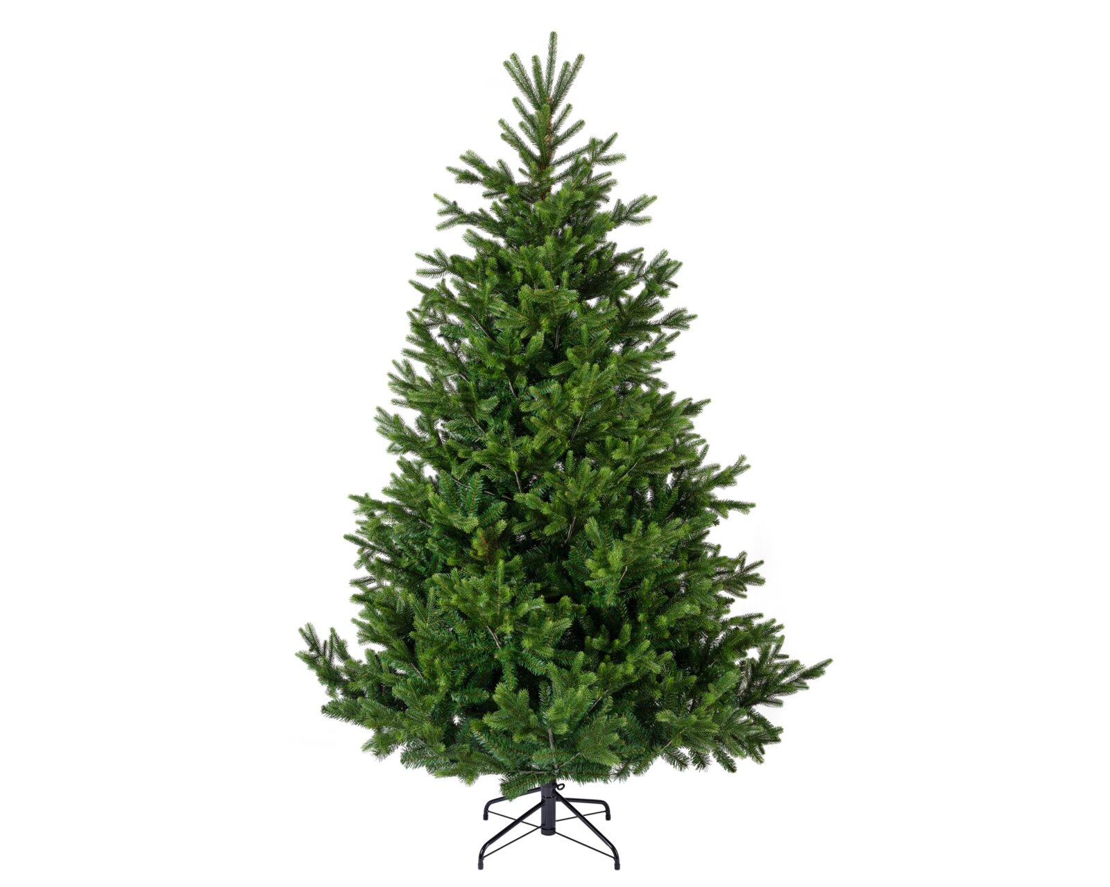 Ungeschmückter grüner künstlicher Weihnachtsbaum mit dichtem Nadelkleid und schwarzem Metallständer, frontal in der Gesamtansicht vor weißem Hintergrund
