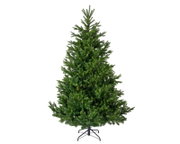 Ungeschmückter grüner künstlicher Weihnachtsbaum mit dichtem Nadelkleid und schwarzem Metallständer, frontal in der Gesamtansicht vor weißem Hintergrund