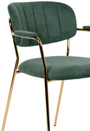 Grüner Armlehnenstuhl mit goldenen Beinen, seitliche Perspektive