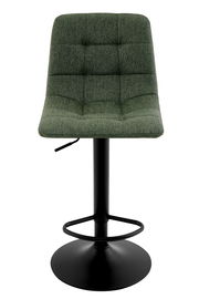 Grüner Barhocker mit gepolsterter Sitzfläche und schwarzem Metallfuß, Frontalansicht