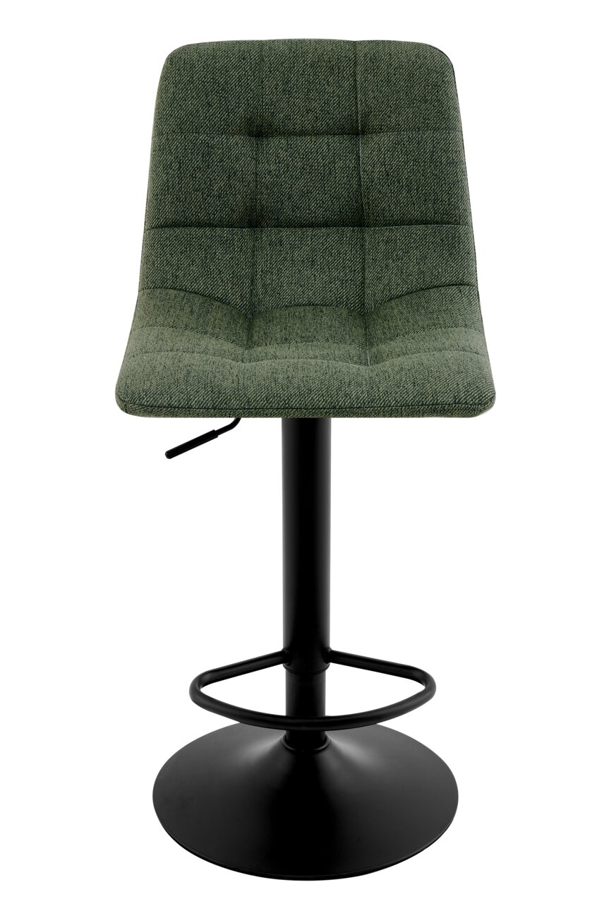 Grüner Barhocker mit gepolsterter Sitzfläche und schwarzem Metallfuß, Frontalansicht