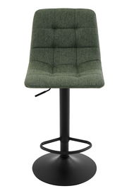 Grüner Barhocker mit gepolsterter Sitzfläche und schwarzem Metallfuß, Frontalansicht